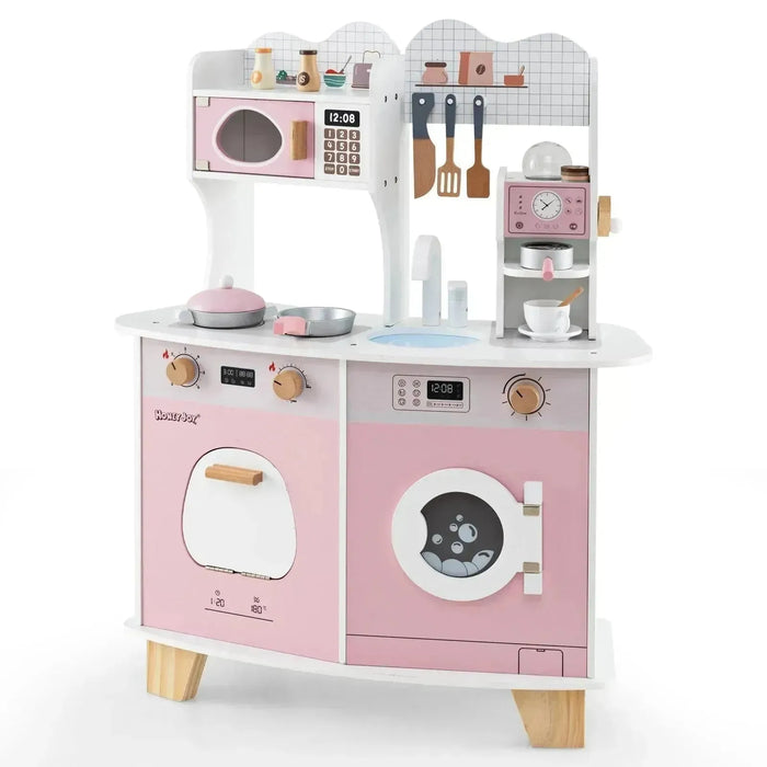 Wooden Kids Kitchen Playset with Coffee Maker in Pink - Little and Giant Explorers Costway