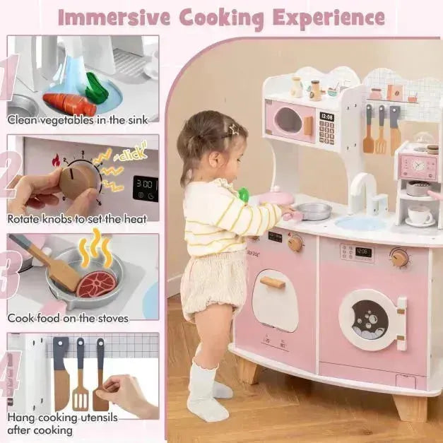 Wooden Kids Kitchen Playset with Coffee Maker in Pink - Little and Giant Explorers Costway