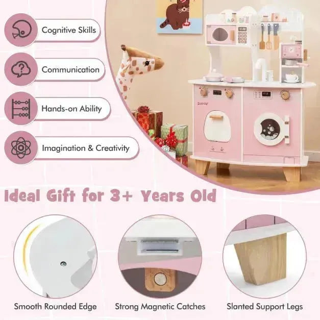 Wooden Kids Kitchen Playset with Coffee Maker in Pink - Little and Giant Explorers Costway