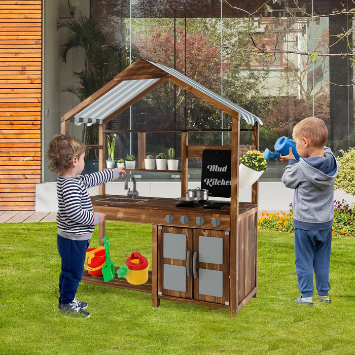 Kids Mud Kitchen | Fir Wood Construction with Outdoor Canopy - Little and Giant Explorers Costway