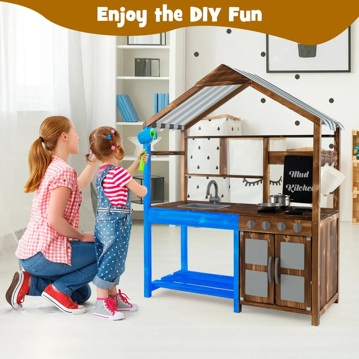 Kids Mud Kitchen | Fir Wood Construction with Outdoor Canopy - Little and Giant Explorers Costway