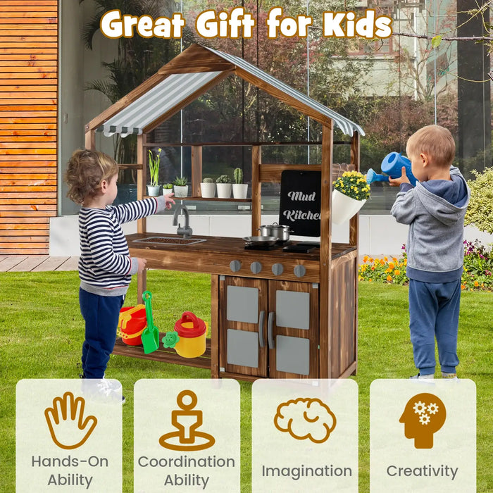 Kids Mud Kitchen | Fir Wood Construction with Outdoor Canopy - Little and Giant Explorers Costway