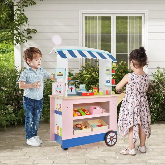 Kids Play Food Cart Pink | Mobile with 30 Accessories and POS System - Little and Giant Explorers Costway