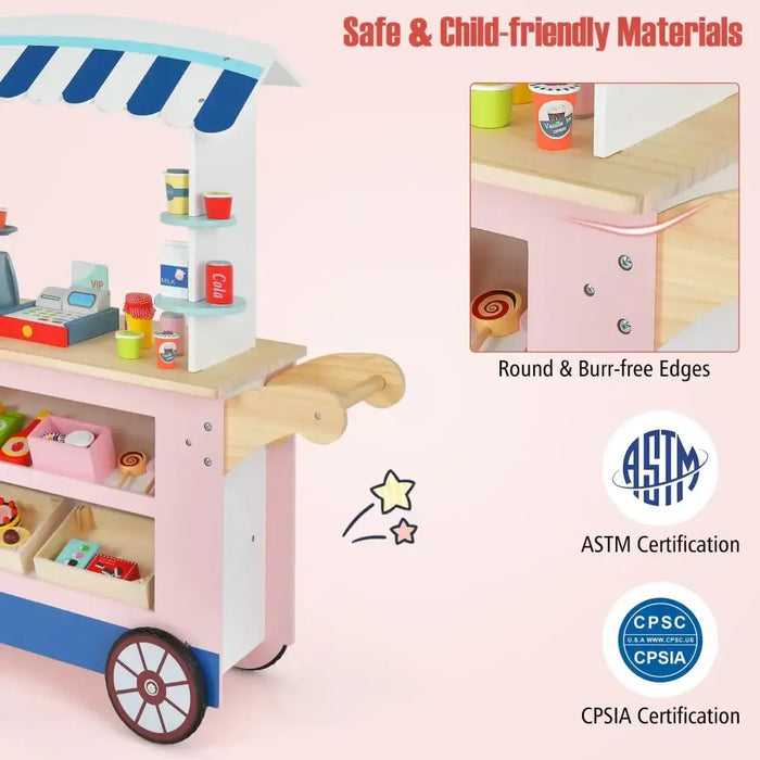 Kids Play Food Cart Pink | Mobile with 30 Accessories and POS System - Little and Giant Explorers Costway