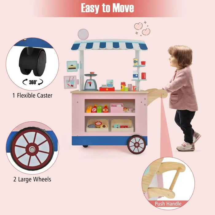 Kids Play Food Cart Pink | Mobile with 30 Accessories and POS System - Little and Giant Explorers Costway