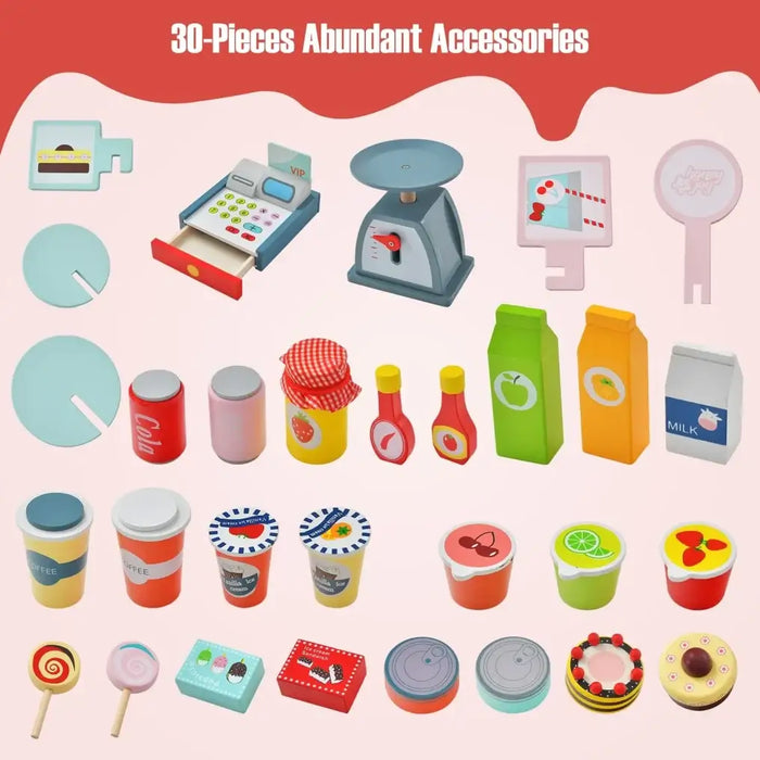 Kids Play Food Cart Pink | Mobile with 30 Accessories and POS System - Little and Giant Explorers Costway