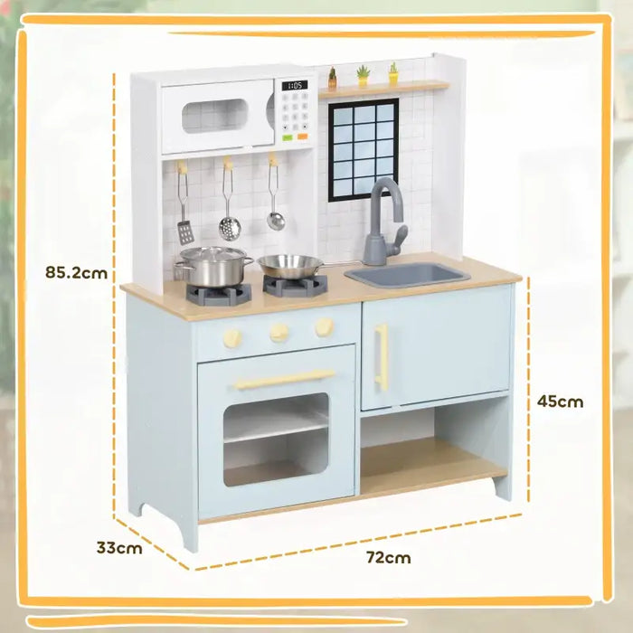 Wooden Kids Play Kitchen - Blue and White | Stainless Steel Set and Microwave AIYAPLAY - Little and Giant Explorers AIYAPLAY