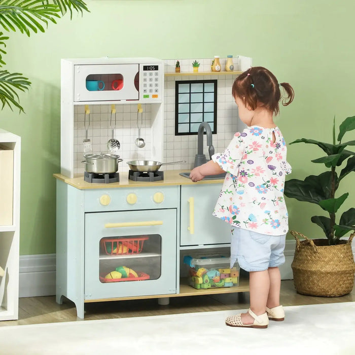 Wooden Kids Play Kitchen - Blue and White | Stainless Steel Set and Microwave AIYAPLAY - Little and Giant Explorers AIYAPLAY