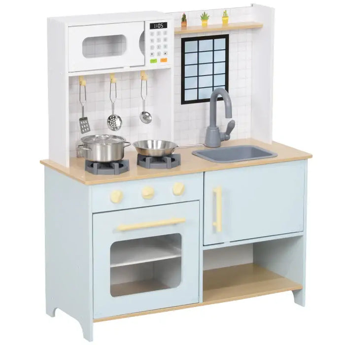 Wooden Kids Play Kitchen - Blue and White | Stainless Steel Set and Microwave AIYAPLAY - Little and Giant Explorers AIYAPLAY