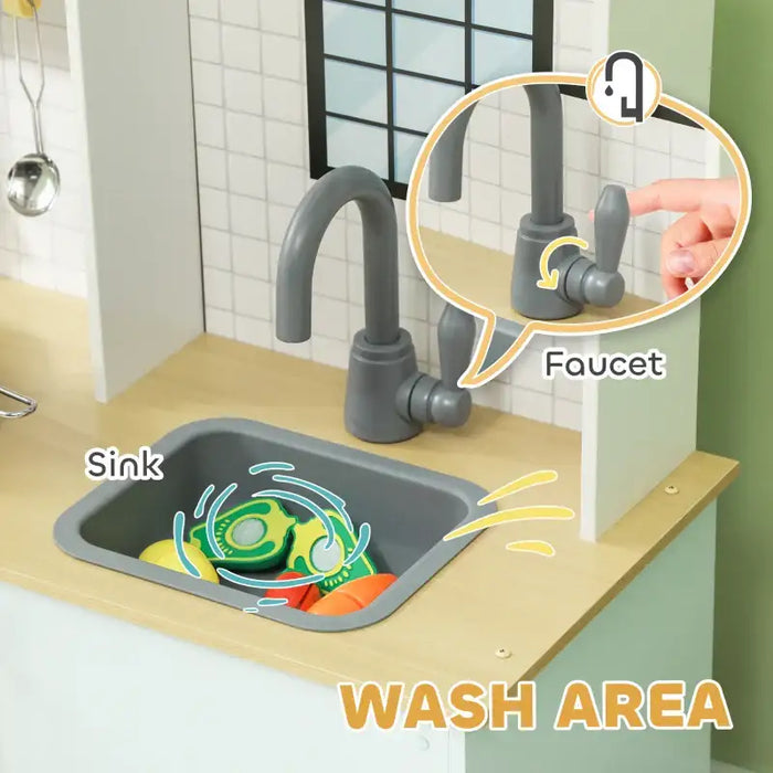 Wooden Kids Play Kitchen - Blue and White | Stainless Steel Set and Microwave AIYAPLAY - Little and Giant Explorers AIYAPLAY