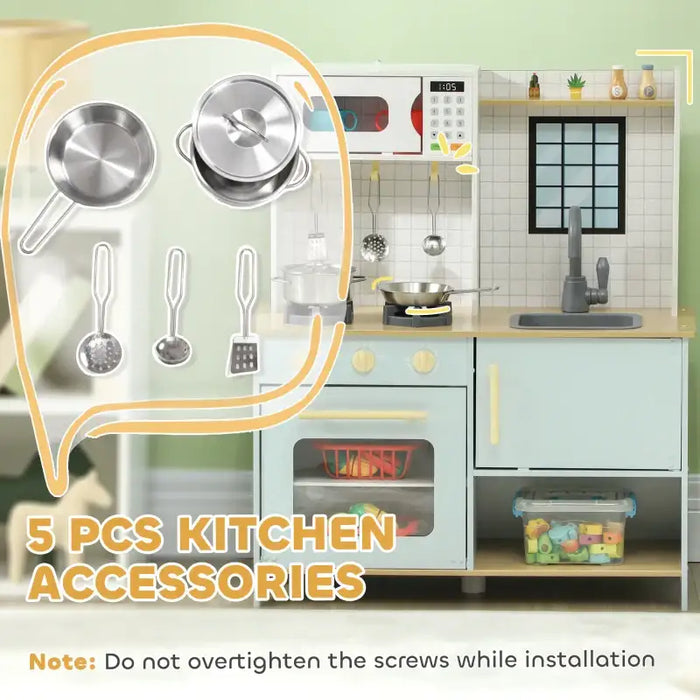 Wooden Kids Play Kitchen - Blue and White | Stainless Steel Set and Microwave AIYAPLAY - Little and Giant Explorers AIYAPLAY