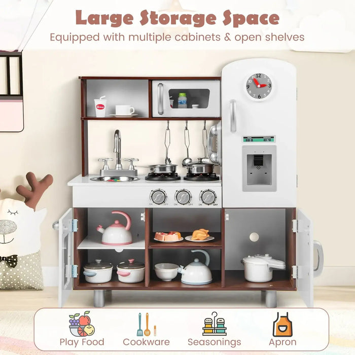 Wooden toddler kitchen playset with stove, sink, refrigerator, cookware, and storage cabinets