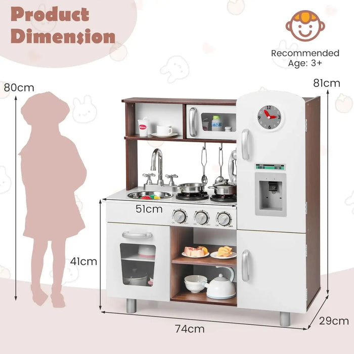 Wooden toddler kitchen playset with stove, sink, refrigerator, and play utensils, recommended age 3+