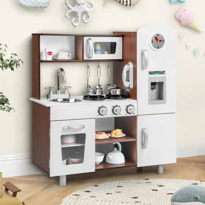 Wooden toddler kitchen playset with white and brown finish, stove, sink, fridge, and play utensils