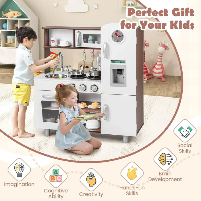 Children playing with wooden toddler kitchen playset featuring fridge, stove, and sink in bright room