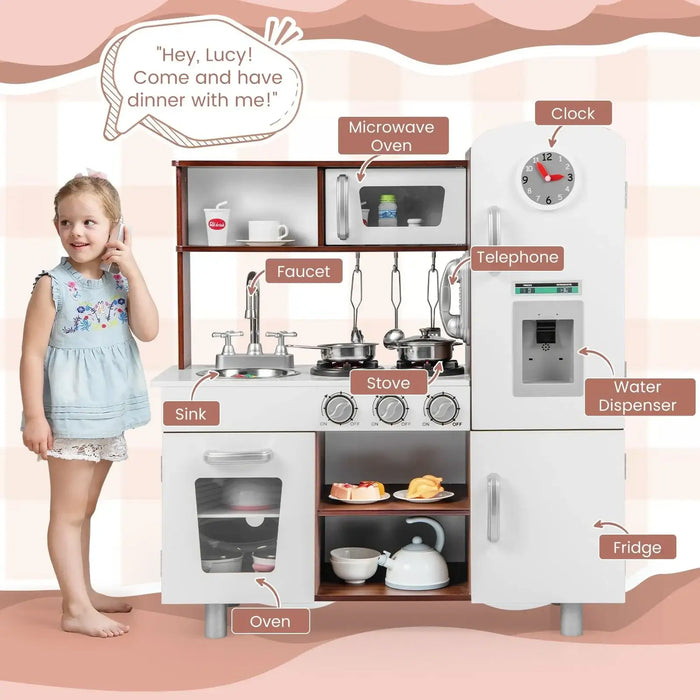 Wooden toddler kitchen playset with microwave, stove, oven, sink, faucet, fridge, phone, clock, water dispenser, and toys