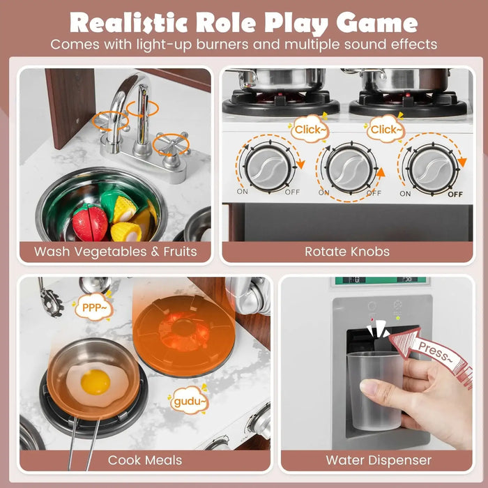 Wooden toddler kitchen playset with light-up burners, sound effects, rotating knobs, water dispenser, and pretend food