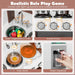 Wooden toddler kitchen playset with light-up burners, sound effects, rotating knobs, water dispenser, and pretend food