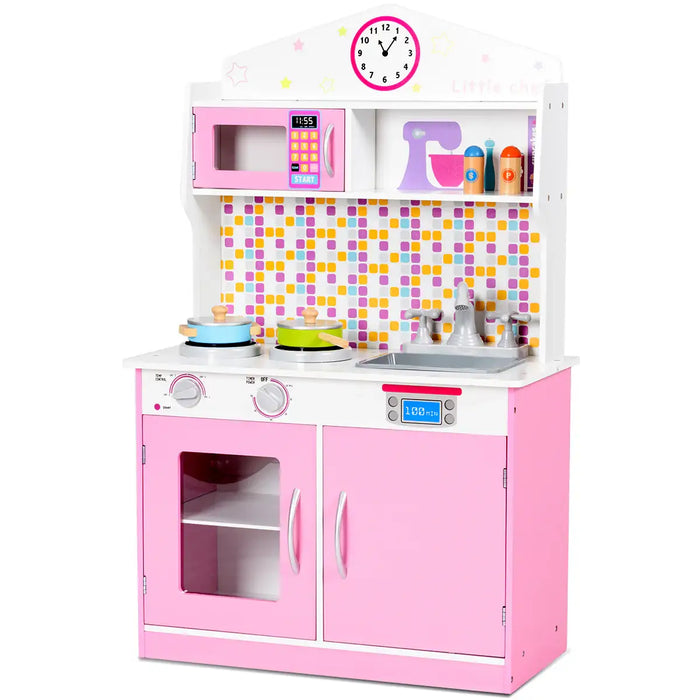Wooden Kids Pretend Play Kitchen Cooking Set - Pink | Removeable Sink and Storage COSTWAY - Little and Giant Explorers Costway