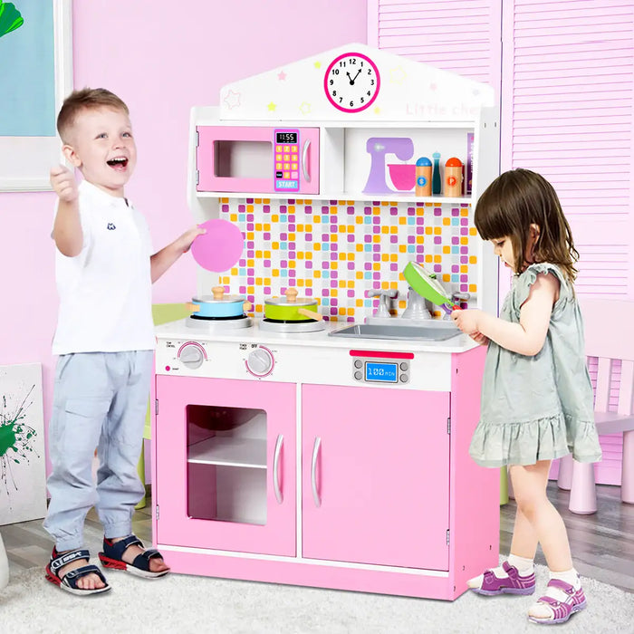 Wooden Kids Pretend Play Kitchen Cooking Set - Pink | Removeable Sink and Storage COSTWAY - Little and Giant Explorers Costway
