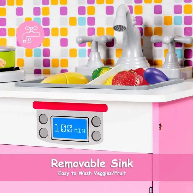 Wooden Kids Pretend Play Kitchen Cooking Set - Pink | Removeable Sink and Storage COSTWAY - Little and Giant Explorers Costway
