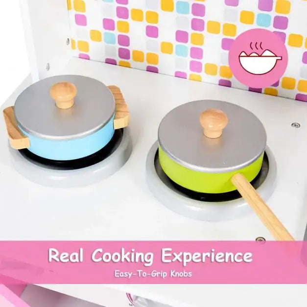 Wooden Kids Pretend Play Kitchen Cooking Set - Pink | Removeable Sink and Storage COSTWAY - Little and Giant Explorers Costway