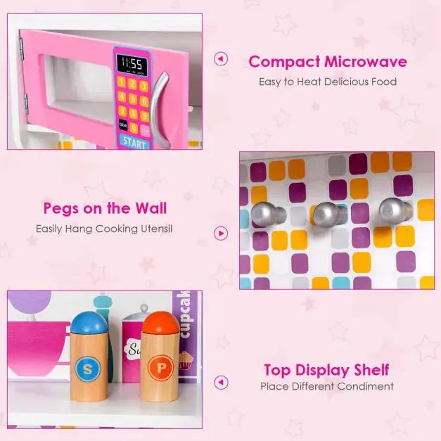 Wooden Kids Pretend Play Kitchen Cooking Set - Pink | Removeable Sink and Storage COSTWAY - Little and Giant Explorers Costway