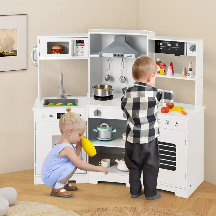 Wooden Kids Pretend Play Kitchen - White | Real Lights and Sounds COSTWAY - Little and Giant Explorers Costway