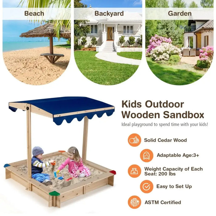 Wooden Kids Sandbox - Cedar Wood | Adjustable Canopy and Bench Seating COSTWAY - Little and Giant Explorers Costway