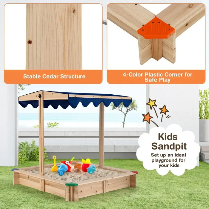 Wooden Kids Sandbox - Cedar Wood | Adjustable Canopy and Bench Seating COSTWAY - Little and Giant Explorers Costway