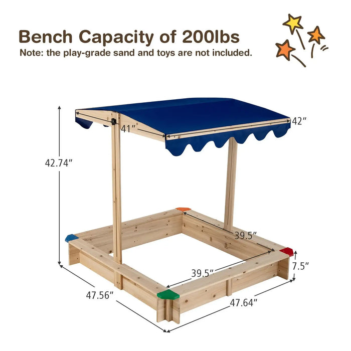 Wooden Kids Sandbox - Cedar Wood | Adjustable Canopy and Bench Seating COSTWAY - Little and Giant Explorers Costway