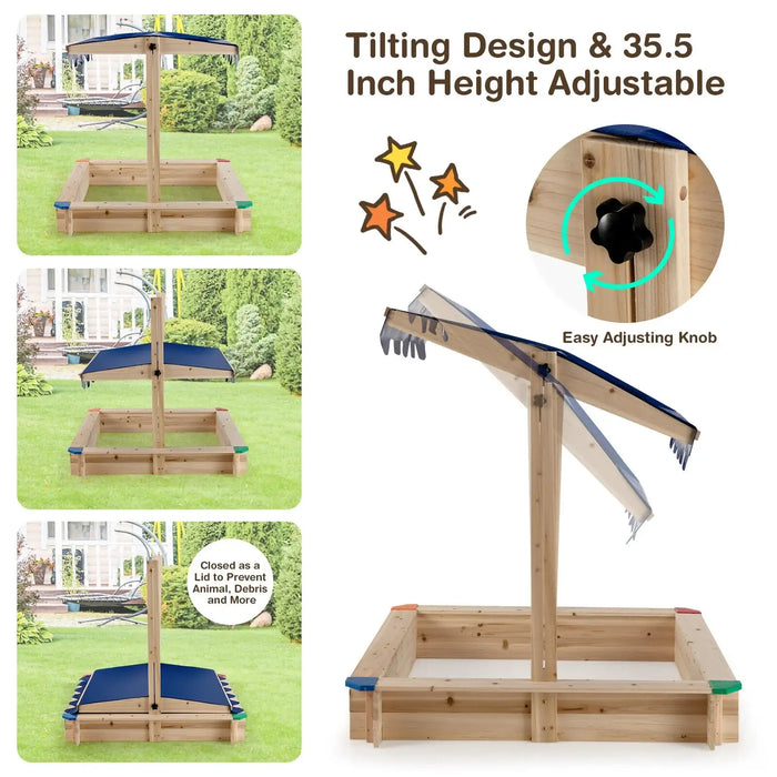 Wooden Kids Sandbox - Cedar Wood | Adjustable Canopy and Bench Seating COSTWAY - Little and Giant Explorers Costway