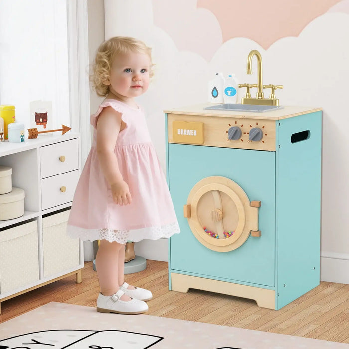 Wooden Kids Washing Machine with Sink – Blue Laundry Playset | Rotating Drum COSTWAY - Little and Giant Explorers Costway