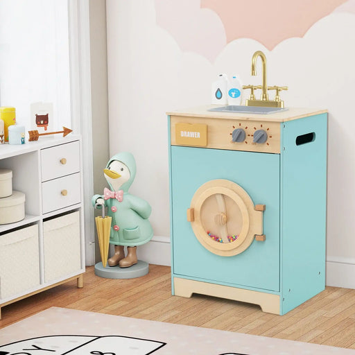 Wooden Kids Washing Machine with Sink – Blue Laundry Playset | Rotating Drum COSTWAY - Little and Giant Explorers Costway