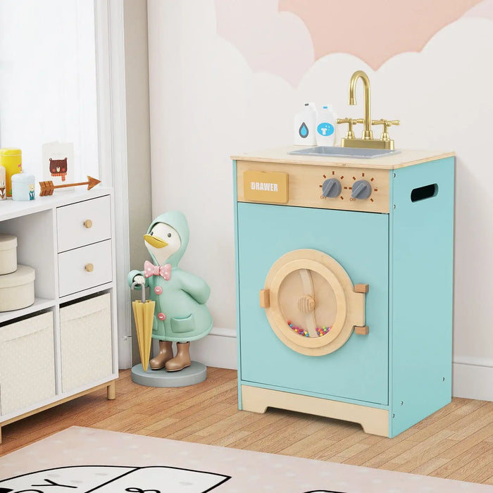 Wooden Kids Washing Machine with Sink – Blue Laundry Playset | Rotating Drum COSTWAY - Little and Giant Explorers Costway