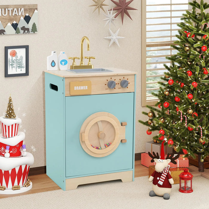 Wooden Kids Washing Machine with Sink – Blue Laundry Playset | Rotating Drum COSTWAY - Little and Giant Explorers Costway