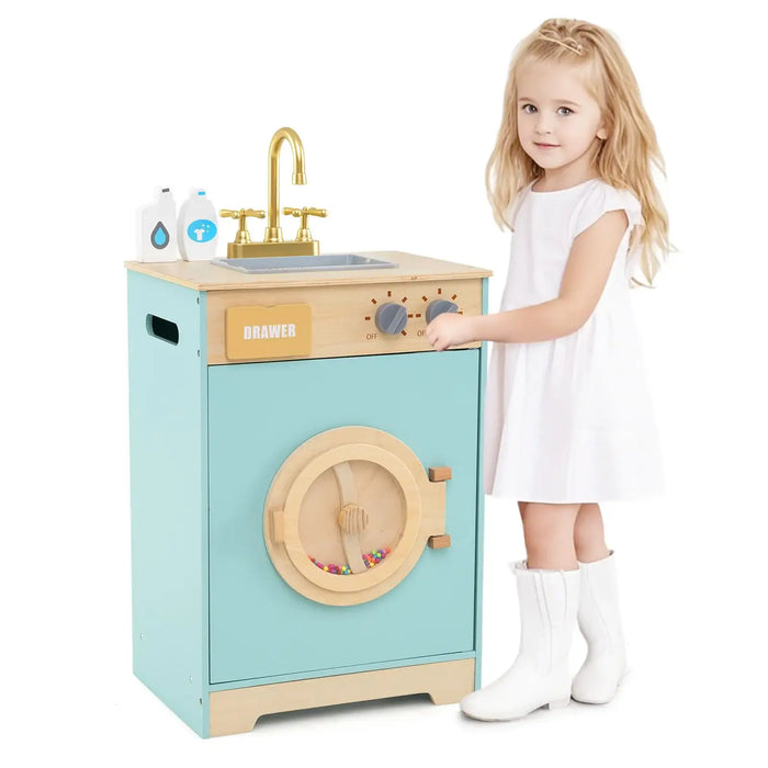Wooden Kids Washing Machine with Sink – Blue Laundry Playset | Rotating Drum COSTWAY - Little and Giant Explorers Costway