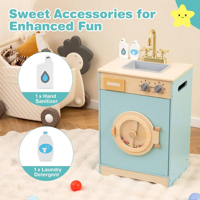 Wooden Kids Washing Machine with Sink – Blue Laundry Playset | Rotating Drum COSTWAY - Little and Giant Explorers Costway