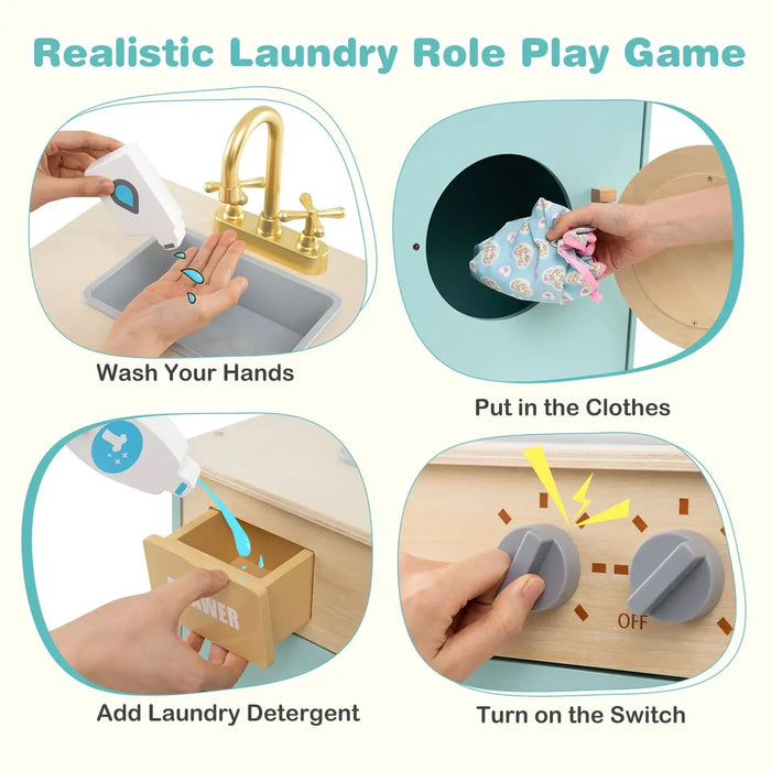 Wooden Kids Washing Machine with Sink – Blue Laundry Playset | Rotating Drum COSTWAY - Little and Giant Explorers Costway