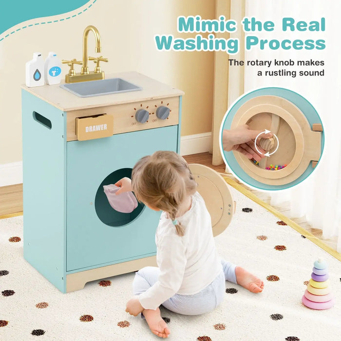 Wooden Kids Washing Machine with Sink – Blue Laundry Playset | Rotating Drum COSTWAY - Little and Giant Explorers Costway