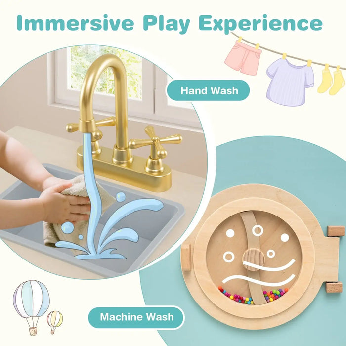 Wooden Kids Washing Machine with Sink – Blue Laundry Playset | Rotating Drum COSTWAY - Little and Giant Explorers Costway