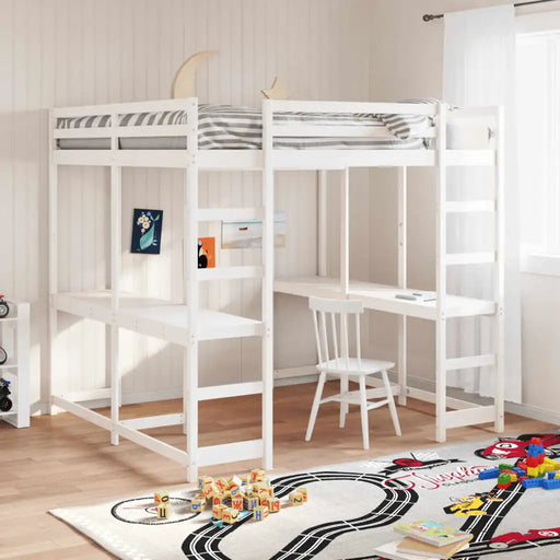 Wooden Loft Bed - White 140x200cm | Desk, Ladder and Guardrails VIDAXL - Little and Giant Explorers vidaXL