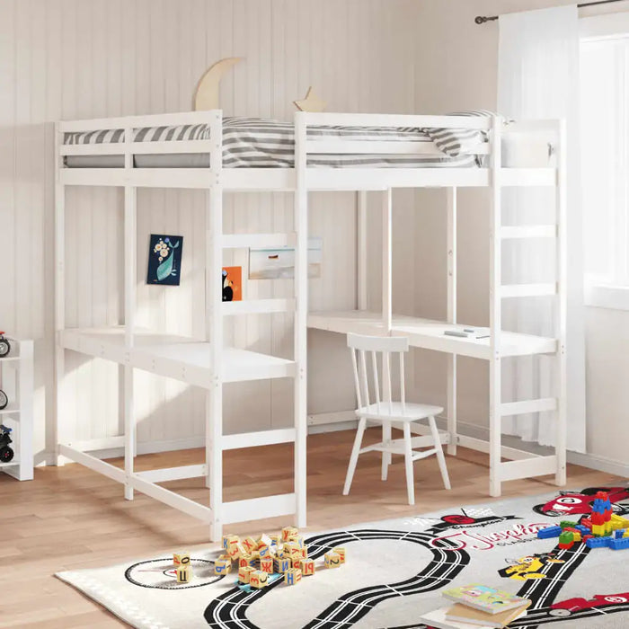 Wooden Loft Bed - White 140x200cm | Desk, Ladder and Guardrails VIDAXL - Little and Giant Explorers vidaXL