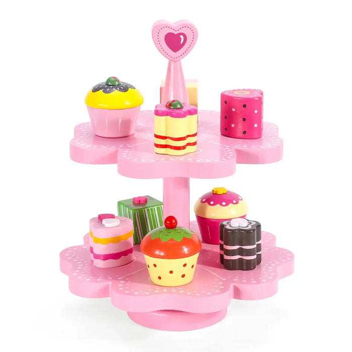 Wooden magnetic cake stand playset with colorful pretend desserts on pink tiers
