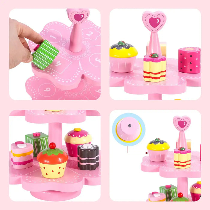 Wooden magnetic cake stand playset with colorful pretend desserts on pink tiered tray.