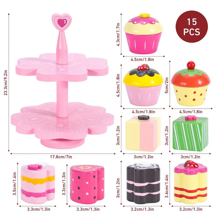 Wooden magnetic cake stand playset with pink desserts and cupcakes, 15 piece pretend tea set