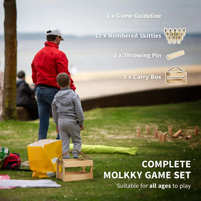 Wooden Molkky Set Natural Wood Finish | Finnish Tossing Game with Carry Box - Little and Giant Explorers SPORTNOW