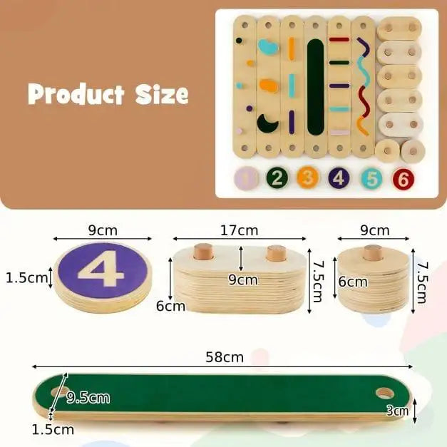 Wooden Montessori balance beam set with 6 beams, 6 stepping stones, and size measurements.