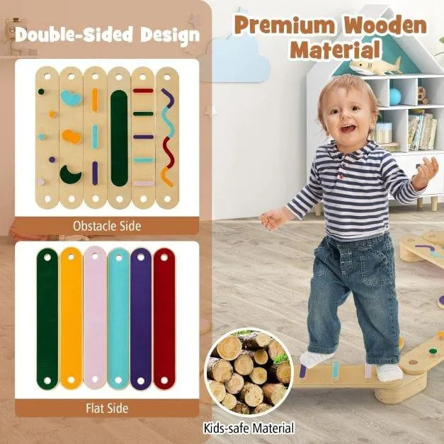 Toddler on wooden Montessori balance beam set, double-sided design, premium kids-safe material