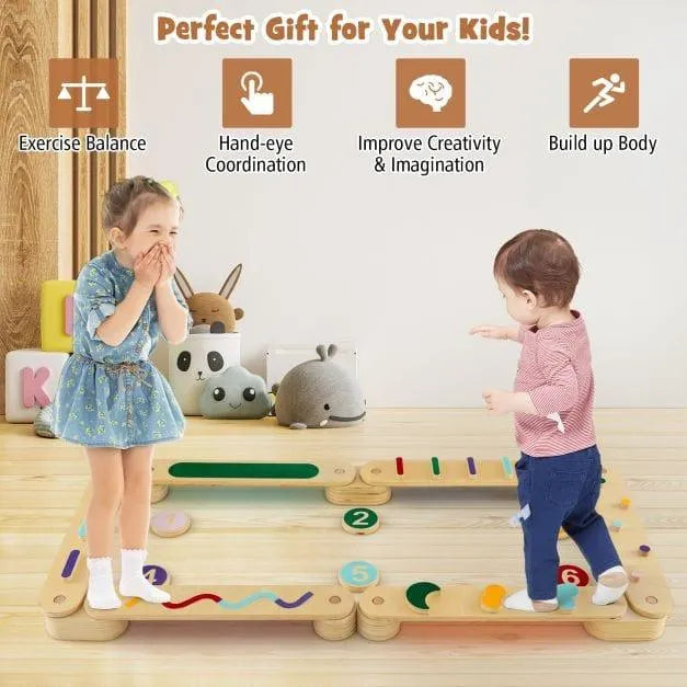 Kids playing on wooden Montessori balance beam set with numbered stepping stones indoors